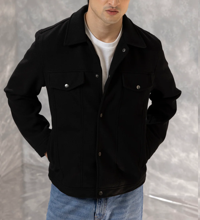 Men’s Signature Wool Blend Felt Black Jacket Front - Trendy Leather Jackets