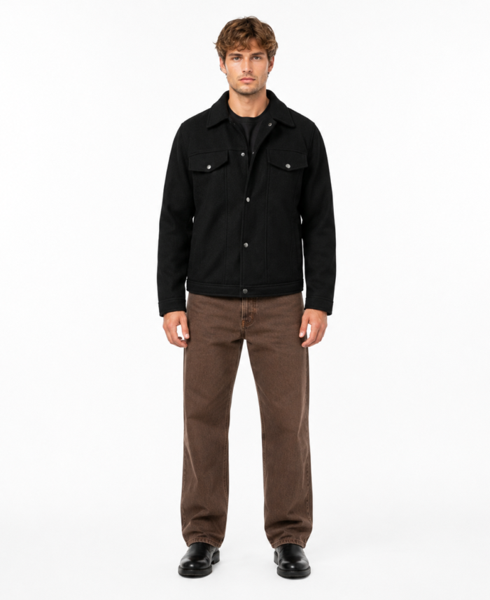 Men’s Signature Wool Blend Felt Black Jacket Front View - Trendy Leather Jackets