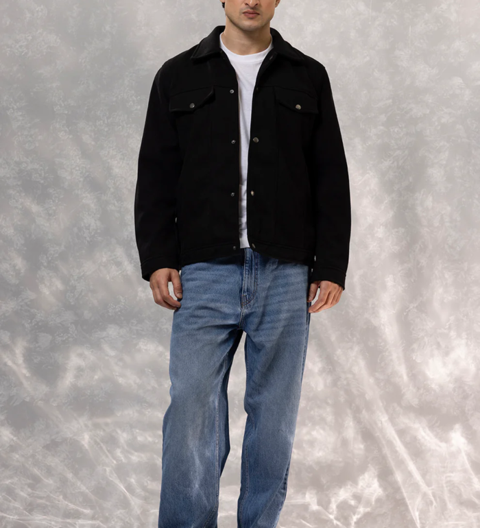 Men’s Signature Wool Blend Felt Black Jacket Full View - Trendy Leather Jackets