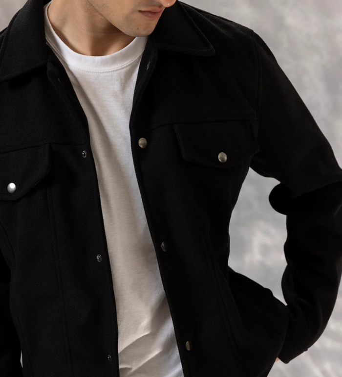 Men’s Signature Wool Blend Felt Black Jacket Side - Trendy Leather Jackets