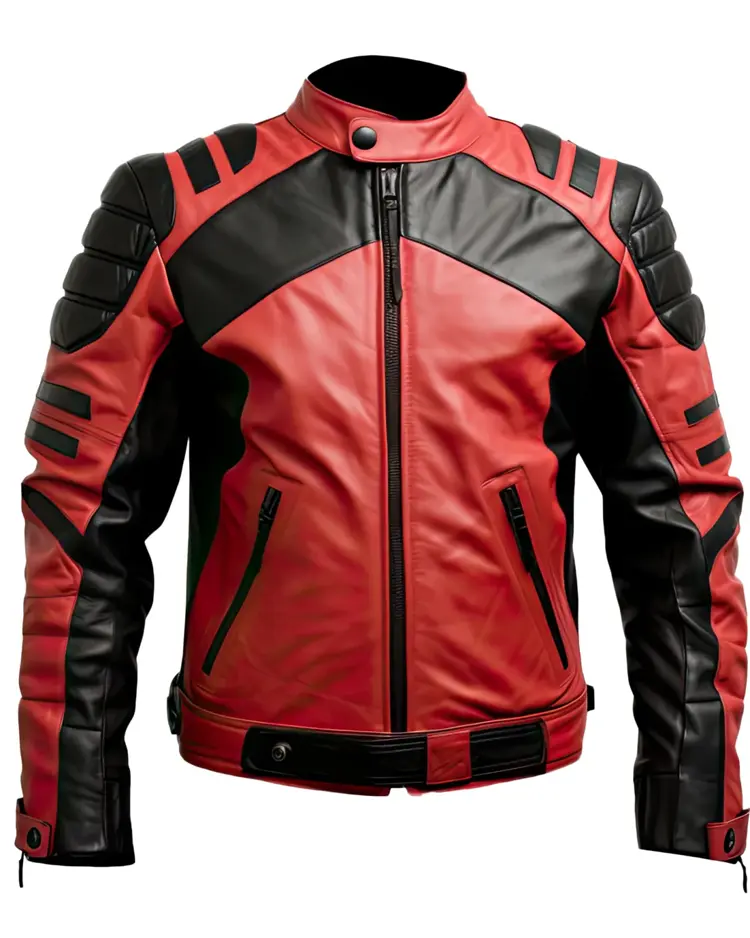 Men’s Red Black Sheepskin Biker Racer Jacket