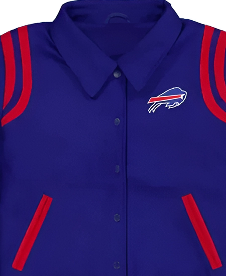 Nfl Buffalo Bills Sport Night Teddy Blue And Red Varsity Jacket 3 Buffalo Bills Sport Night Teddy Varsity Jacket Front Closeup - Trendy Leather Jackets