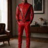 Men Michael Jackson Red Leather Jacket & Pants Set - Trendy Leather Jackets