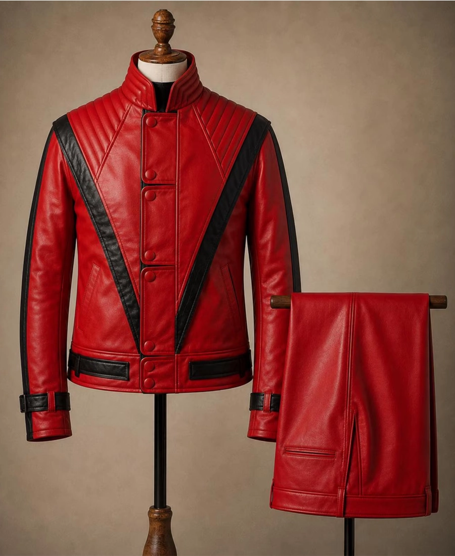 Men Michael Jackson Red Leather Jacket &Amp; Pants Set Front View - Trendy Leather Jackets