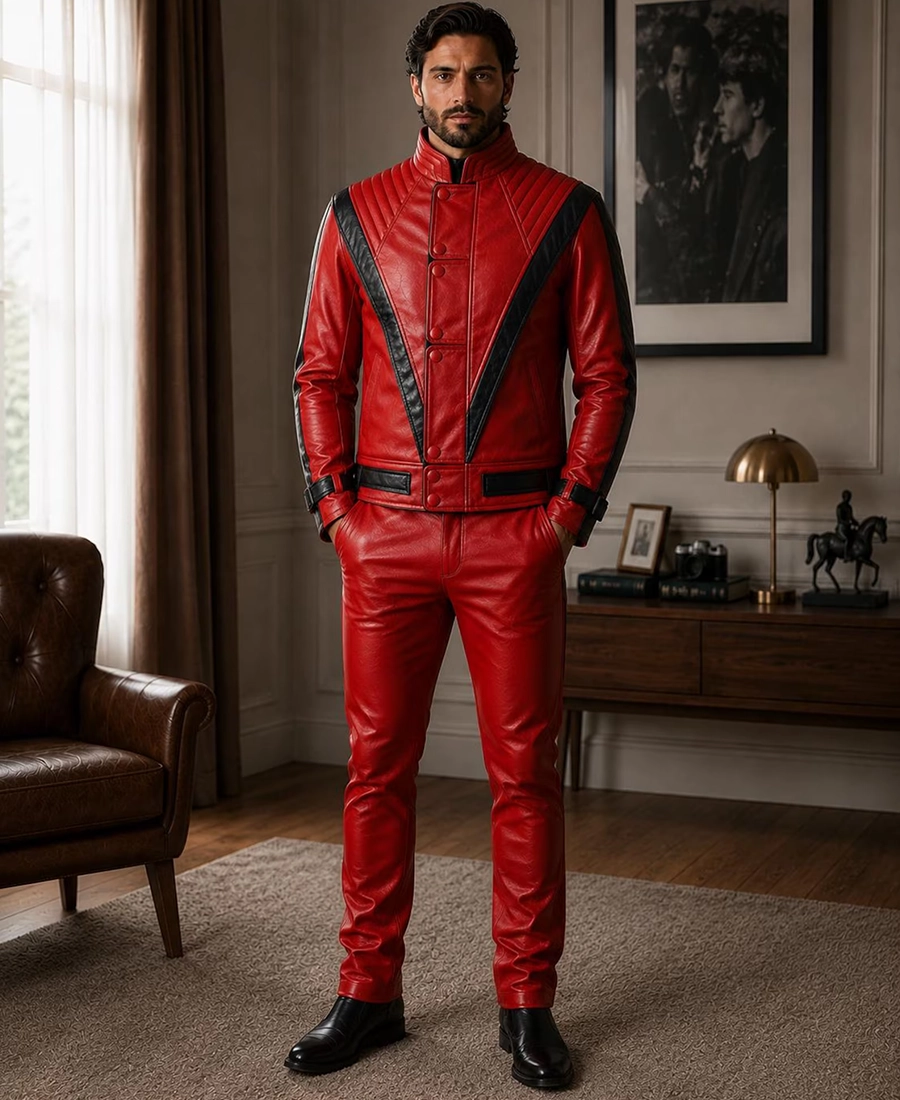 Men Michael Jackson Red Leather Jacket &Amp; Pants Set - Trendy Leather Jackets