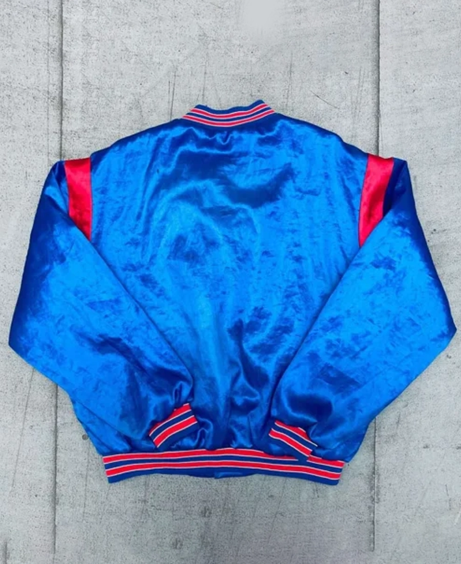 NFL 1990’s Buffalo Bills Teddy Royal Satin Jacket Back - Trendy Leather Jackets