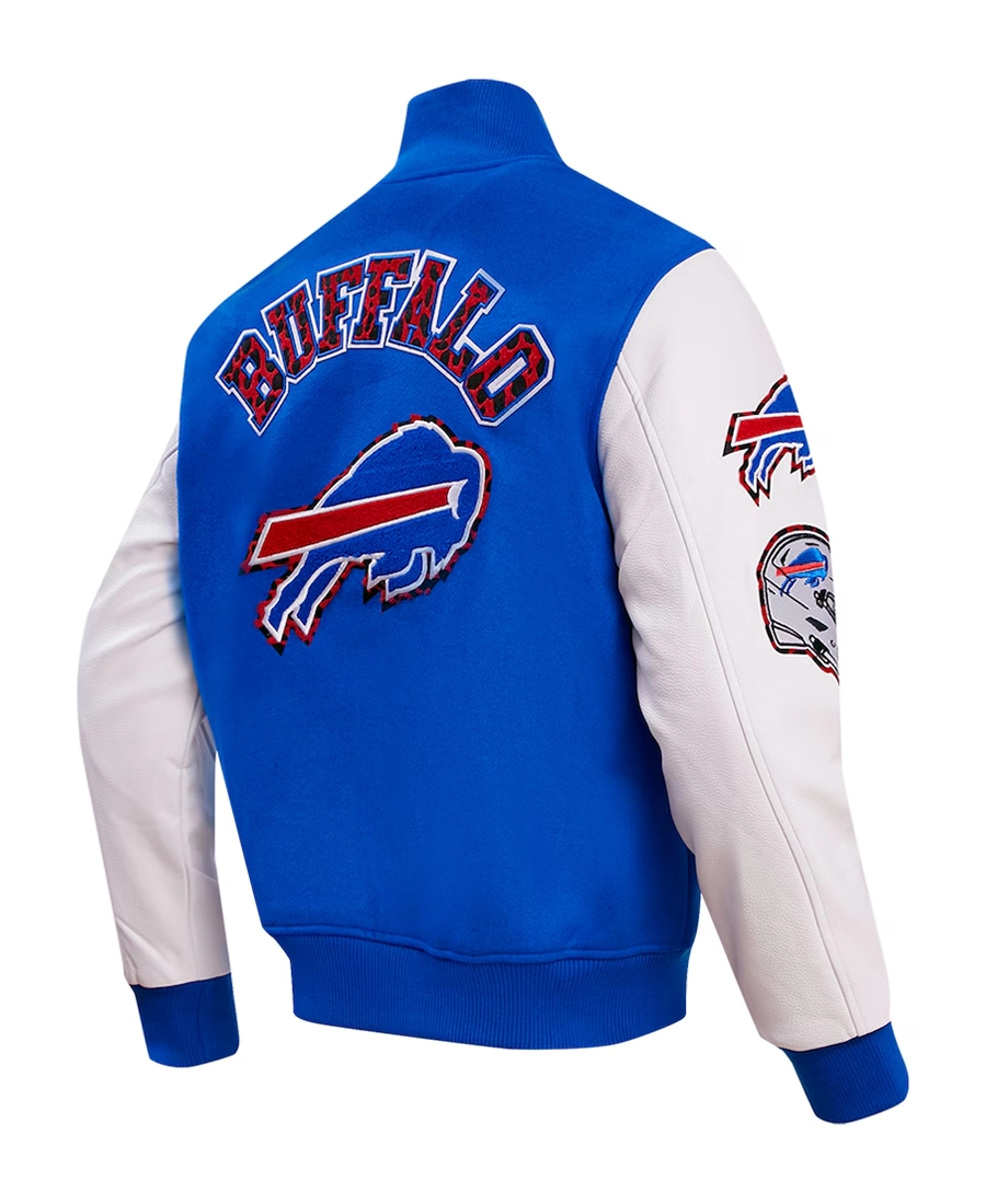 NFL Royal & White Buffalo Bills Animal Print Varsity Wool Jacket Back - Trendy Leather Jackets