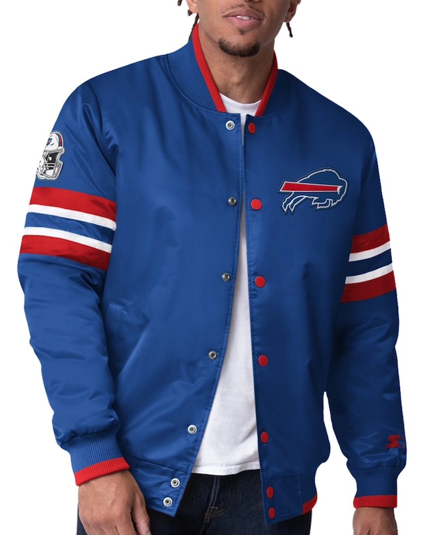 NFL Scout I Buffalo Bills Blue Satin Jacket Front - Trendy Leather Jackets