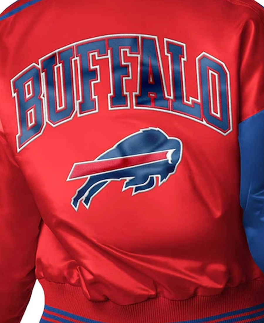 Nfl Womens Buffalo Bills Zone Satin Red And Blue Jacket 4 Nfl Womens Buffalo Bills Zone Satin Red And Blue Jacket Back Closeup - Trendy Leather Jackets