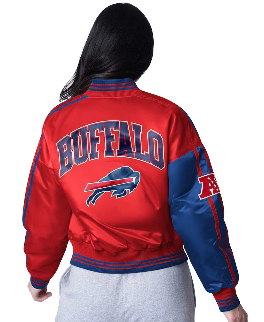 NFL Womens Buffalo Bills Zone Satin Red and Blue Jacket Back Image - Trendy Leather Jackets