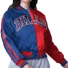 NFL Womens Buffalo Bills Zone Satin Red and Blue Jacket Front - Trendy leather Jackets