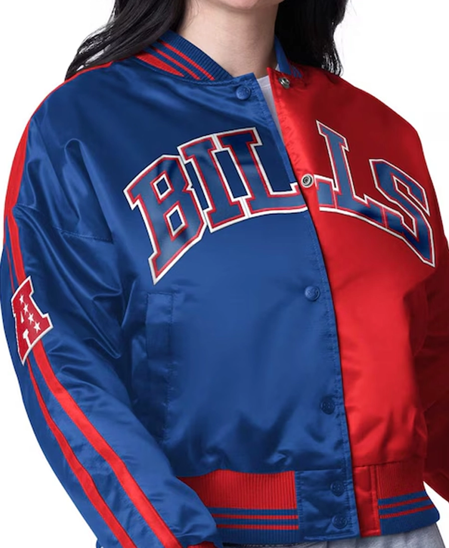 Nfl Womens Buffalo Bills Zone Satin Red And Blue Jacket 3 Nfl Womens Buffalo Bills Zone Satin Red And Blue Jacket Front Closeup - Trendy Leather Jackets