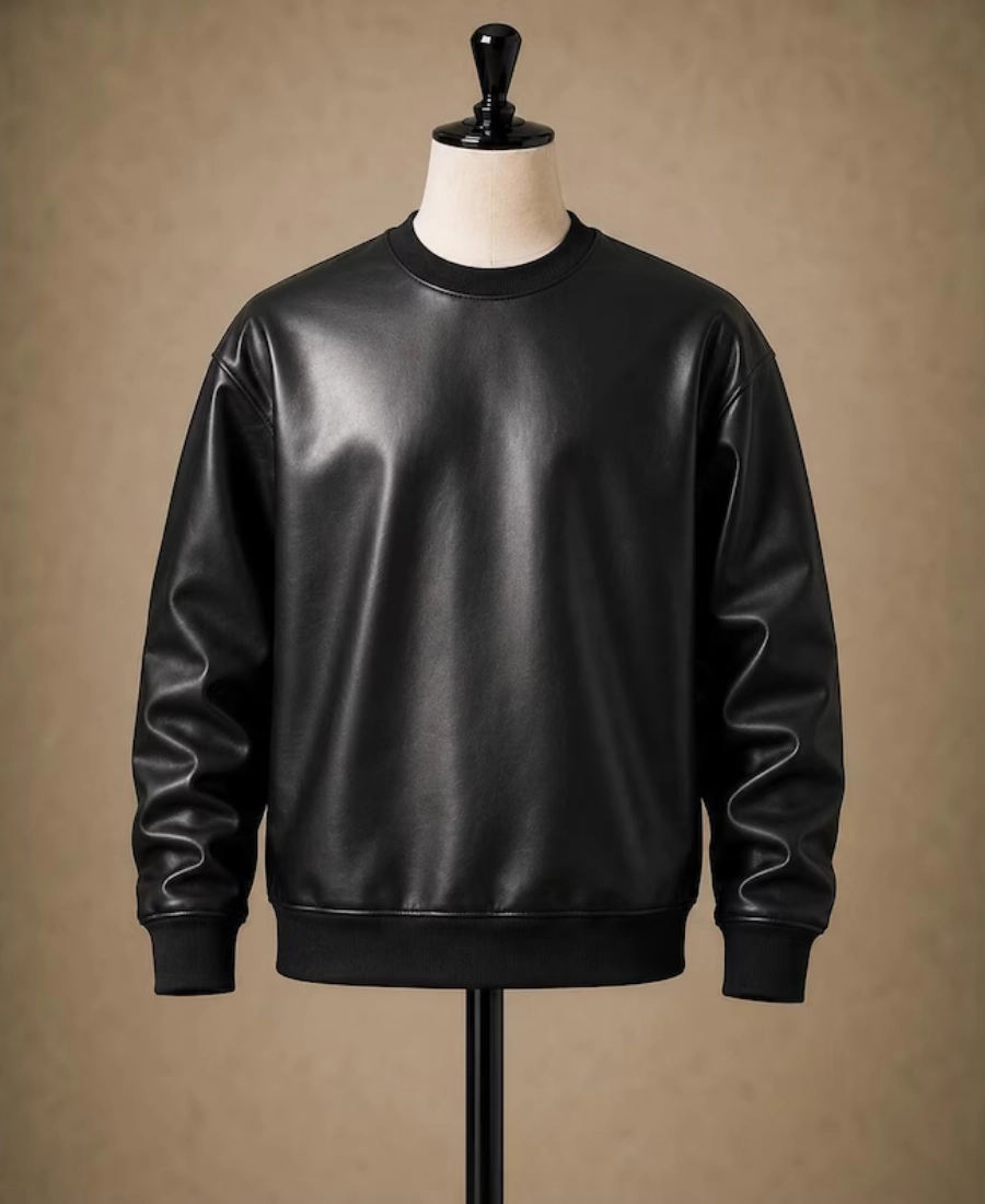 Mens Winter Pullover Oversized Leather Sweatshirt