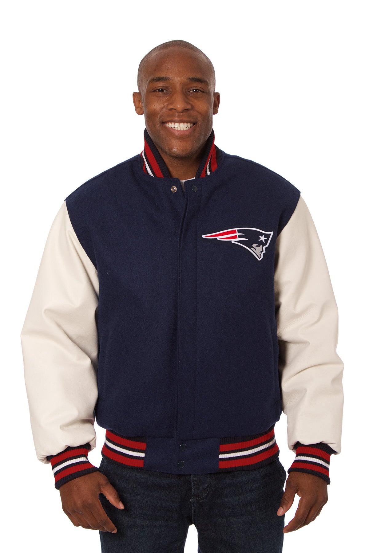 New England Patriots Blue And White Varsity Jacket 1 New England Patriots Blue And White Varsity Jacket