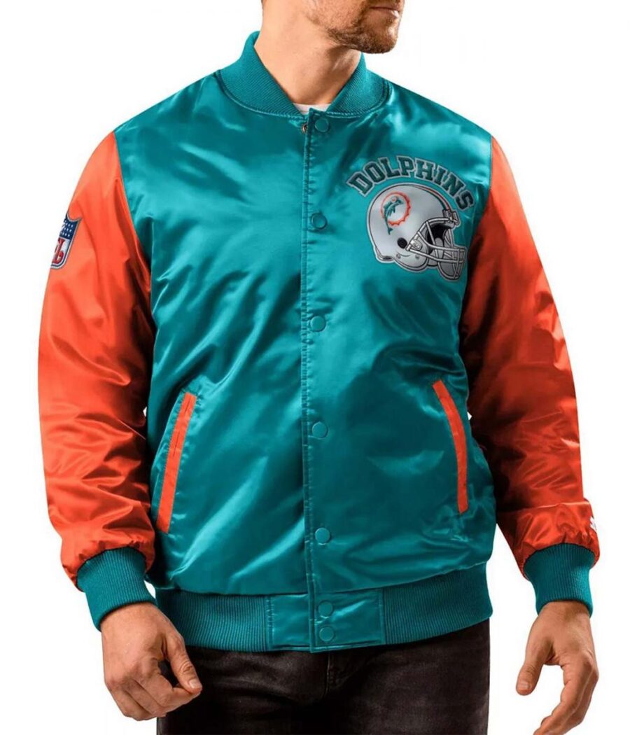 NFL Dolphins Aqua/Orange Satin Varsity Jacket
