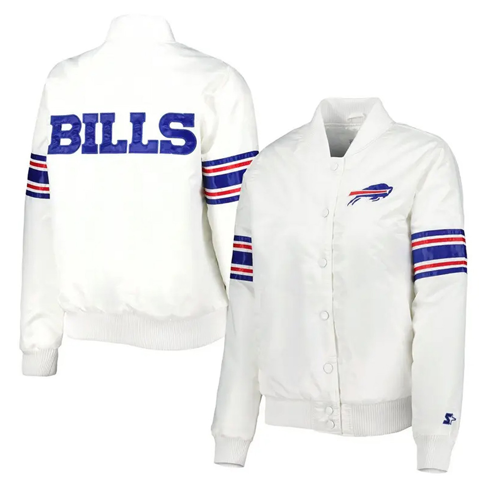 Women'S Buffalo Bills White Satin Jacket 3 Women'S Buffalo Bills White Satin Jacket - Trendy Leather Jackets - Front And Back Image