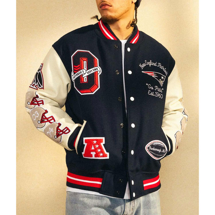 New England Patriots Ovo Varsity Jacket 9 New England Patriots Ovo Blue And White Letterman Jacket
