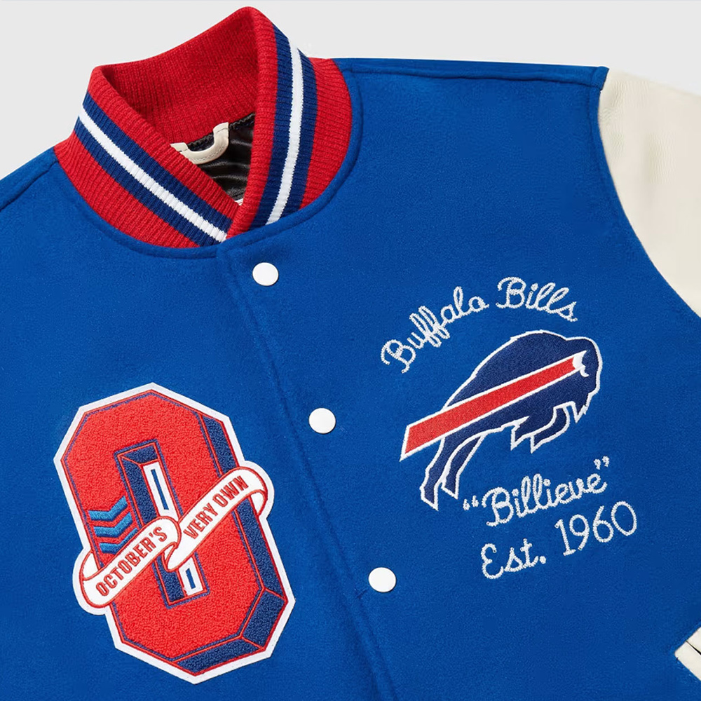 Men'S Ovo Buffalo Bills Varsity Jacket 3 Men'S Ovo Buffalo Bills Varsity Jacket Closeup Image - Trendy Leather Jacket